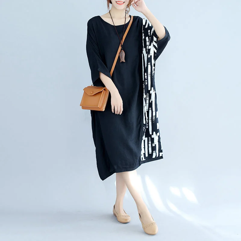 baggy black Midi-length cotton t shirt trendy plus size traveling clothing fine batwing sleeve patchwork natural cotton pullover Gathered Sleeve Pullover