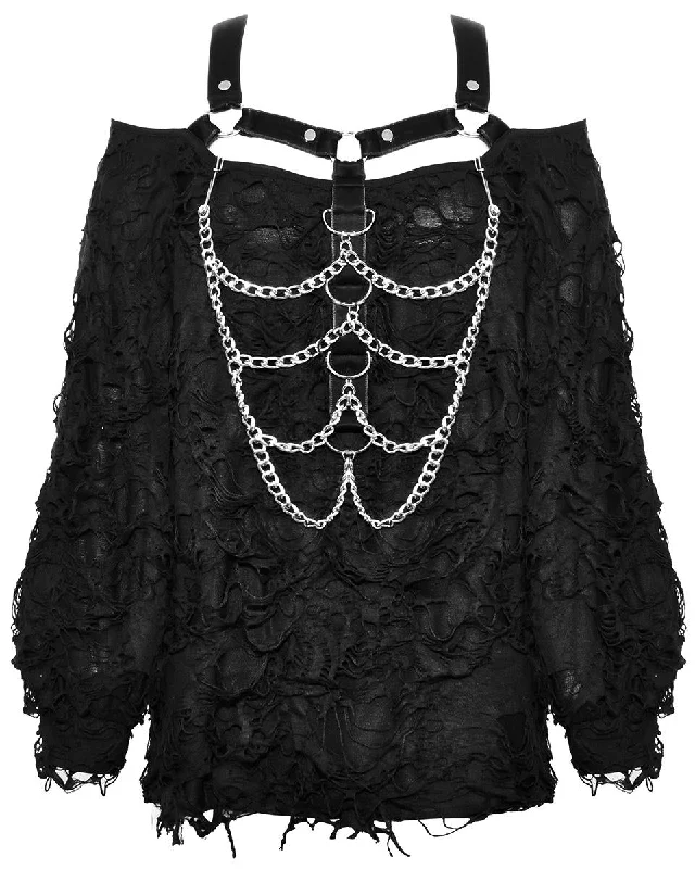 Dark In Love Apocalyptic Punk Rebel Chained Shredded Knit Sweater Top Embroidered Appliqued Beaded