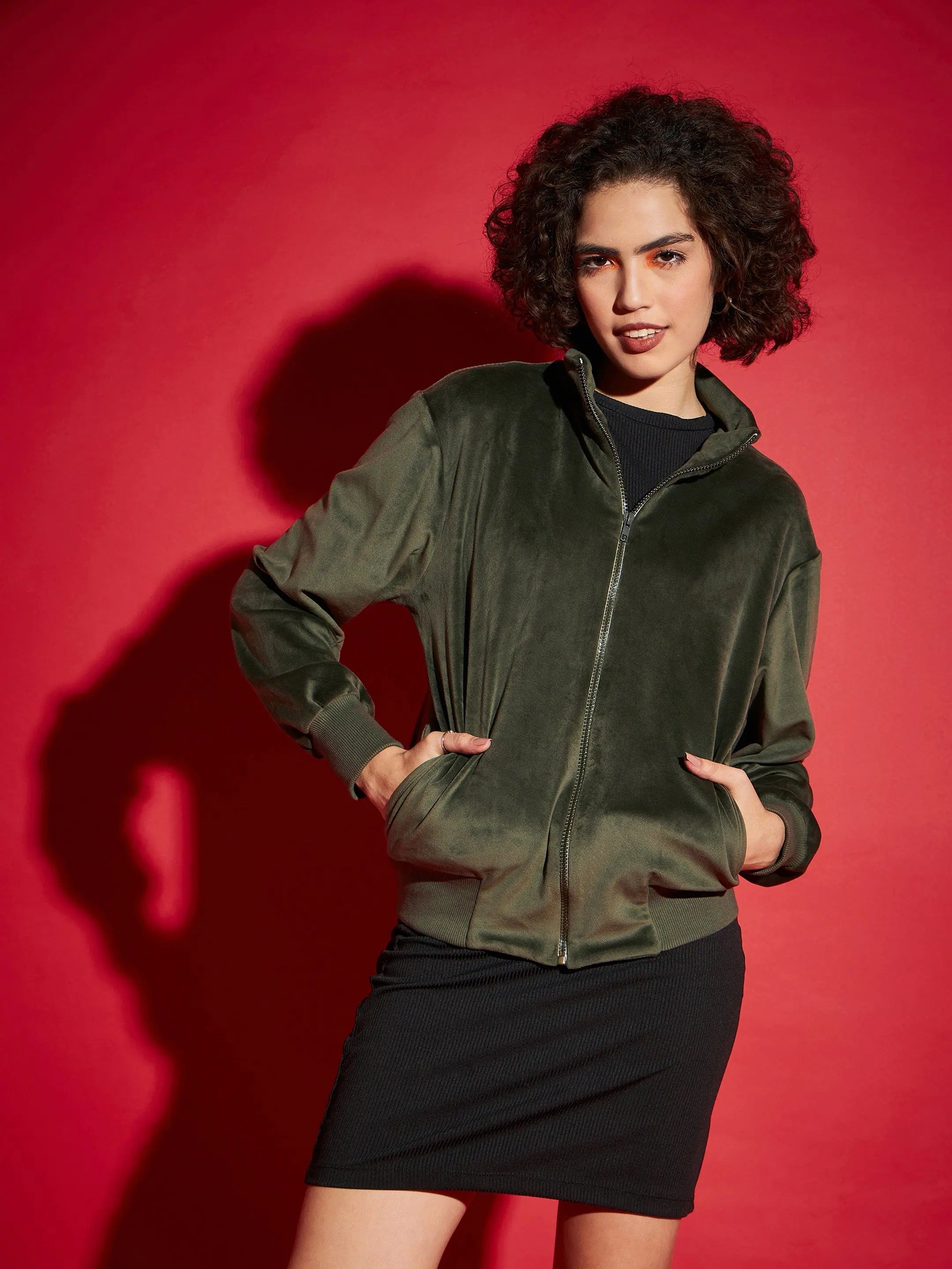 Women Solid Standard Olive Full Sleeve Jacket Fleece Fabric Down Fabric Feather Fabric