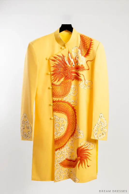 Yellow Groom Ao Dai Jacket | Hand-Painted Dragon Vietnamese Ao Dai (#An) Belted Jacket Elasticated Jacket Padded Jacket