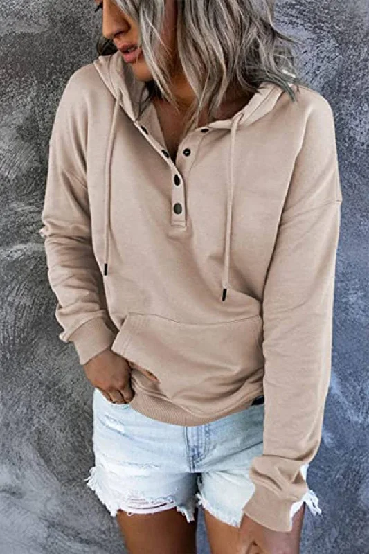 Women's Button Neck Kangaroo Pocket Pullover Hoodie - Apricot Slouchy Comfort Pullover