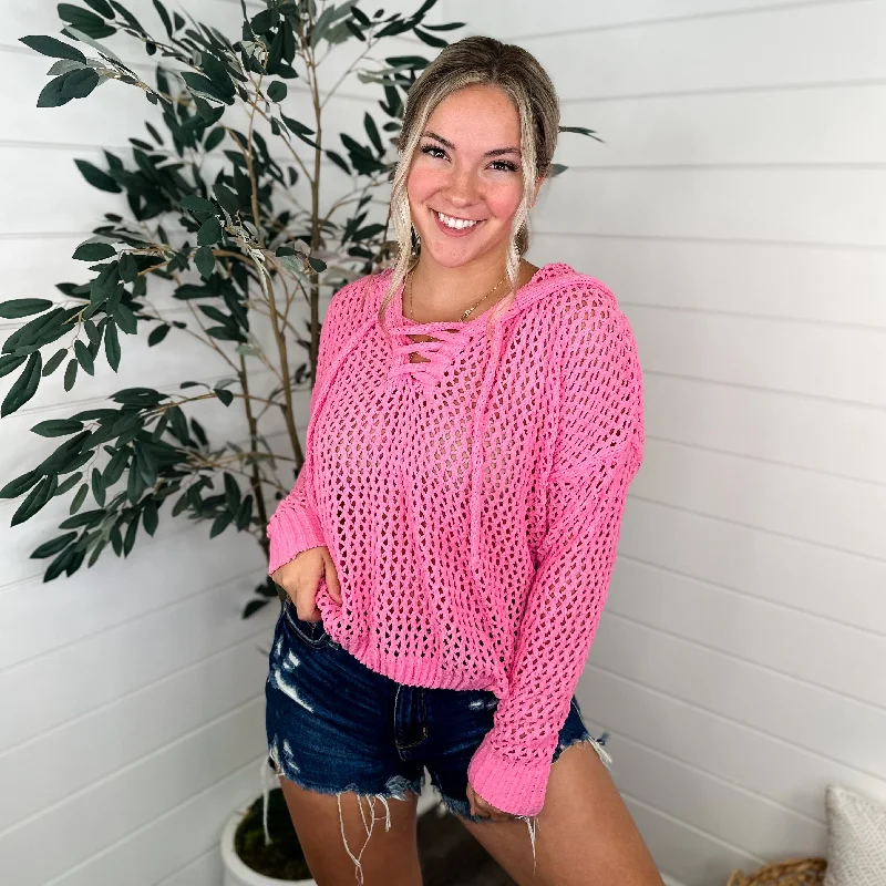 Looking Out the Window Crochet Long Sleeve Pink Avery Mae Hooded Sweater Top Glossy Satin Silk