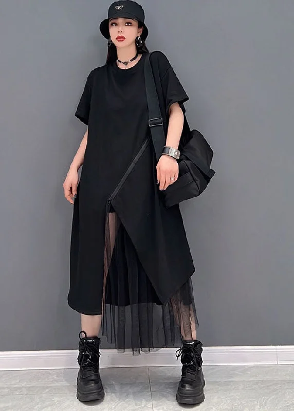 Black Tulle Patchwork Cotton Pullover Streetwear Dresses Zip Up Short Sleeve Crew Neck Wool