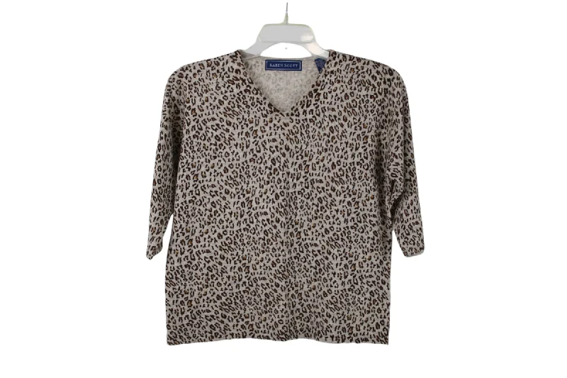 Karen Scott Leopard Sweaters | M Denim Fabric Leather Fabric Suede Fabric