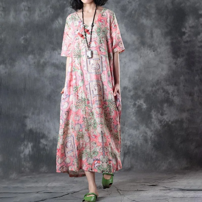 fashion linen sundress trendy plus size Retro V Neck Short Sleeve Printed Flax Pullover Dress Plunging Neck Pullover