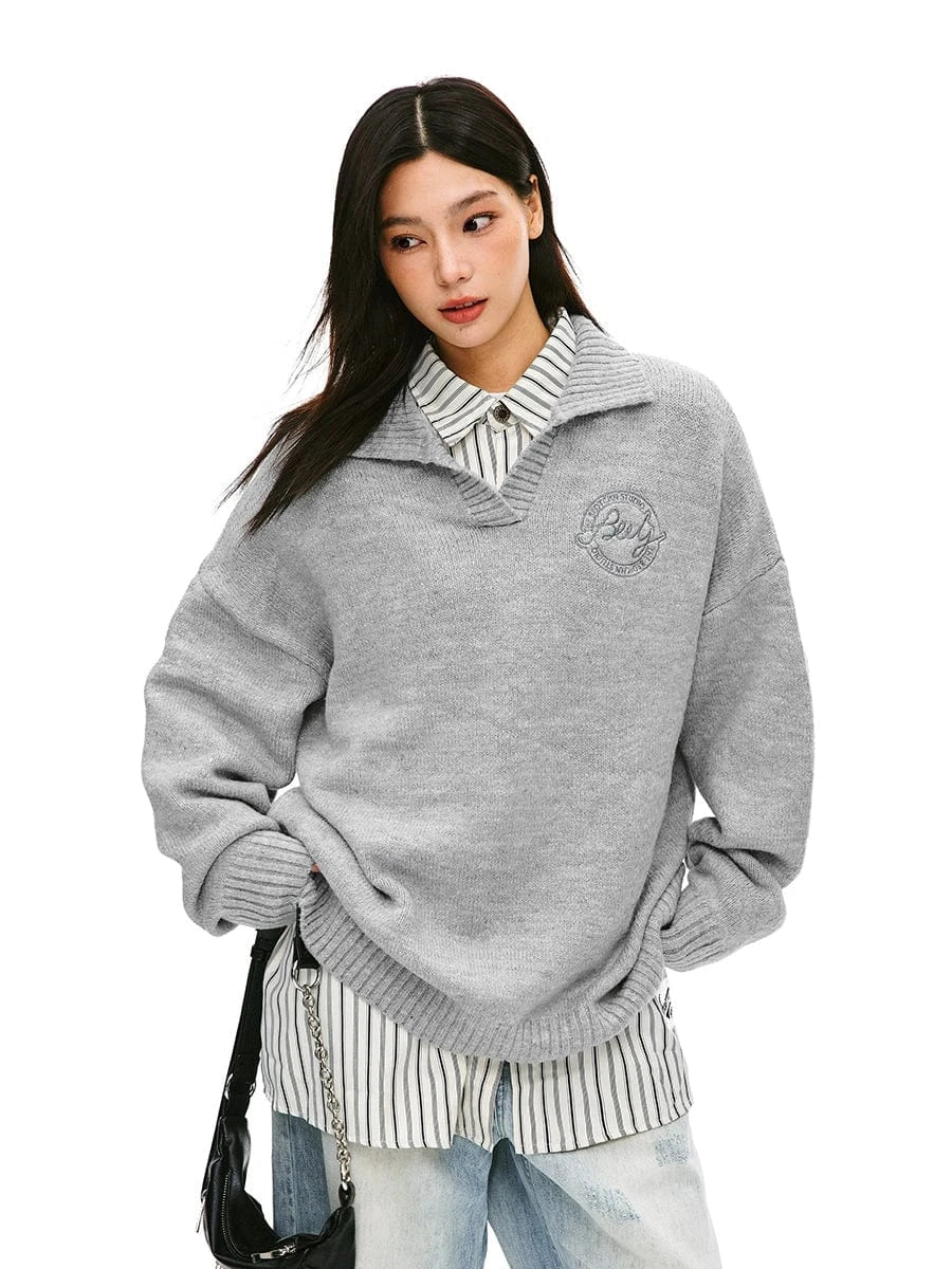 RTK (W) No. 514 COLLEGE V-NECK POLO SWEATER Cotton Fabric Linen Fabric Terry Fabric
