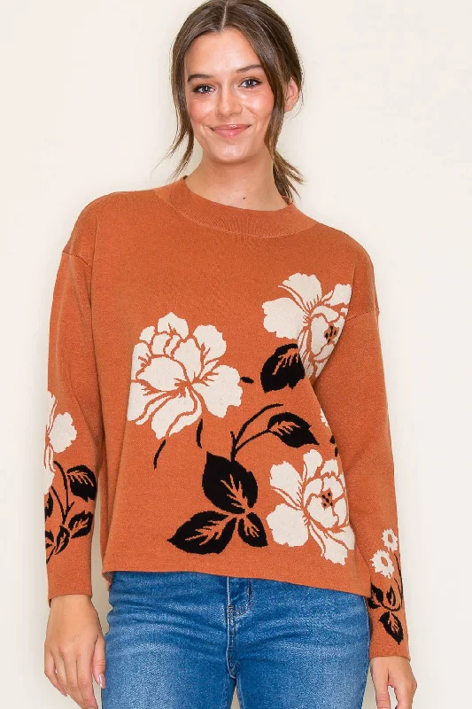 Flower Jacquard Mock Neck Pullover Sweater in Oatmeal/Copper Oversized Cozy Pullover