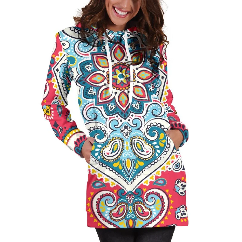 Floral Paisley Mandala Print Pullover Hoodie Dress
