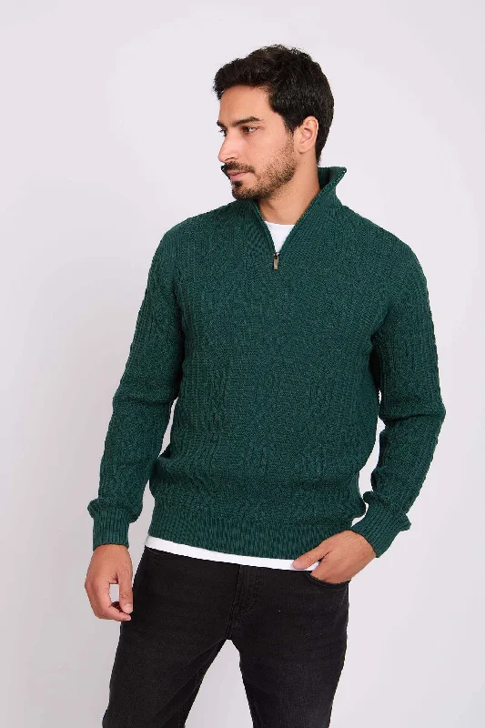 Men Pullover Mock Neck Zipper Cable Green Open Neck Pullover