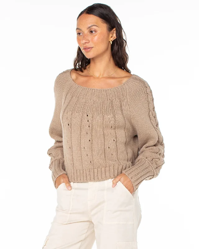 Day Dream Boat Neck Sweater - Warm Taupe Zippered Front Buttoned Front Snap Front
