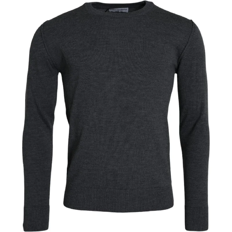 Dolce & Gabbana Dark Gray Wool Crew Neck Pullover Sweater Blouson Sleeve Pullover