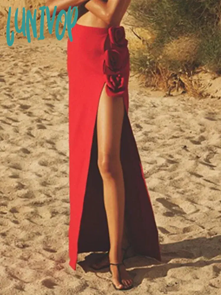 Lunivop Summer New Women Black Red Flower Bodycon Bandage Skirt 2024 Designer High Waist Party Office Lady Elegant Split Skirt leather skirt sleek