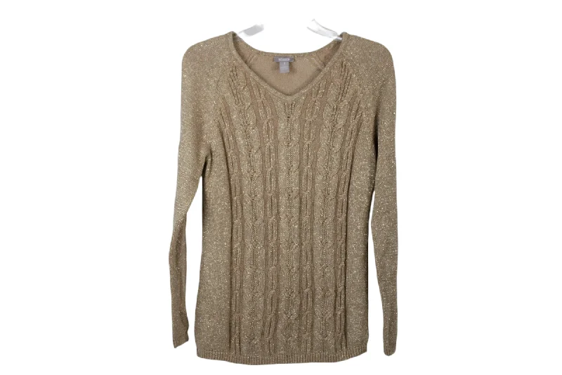Chico's Gold Shimmer Cable Knit Sweater | 1 (M/8) Toggled Drawstring Belted