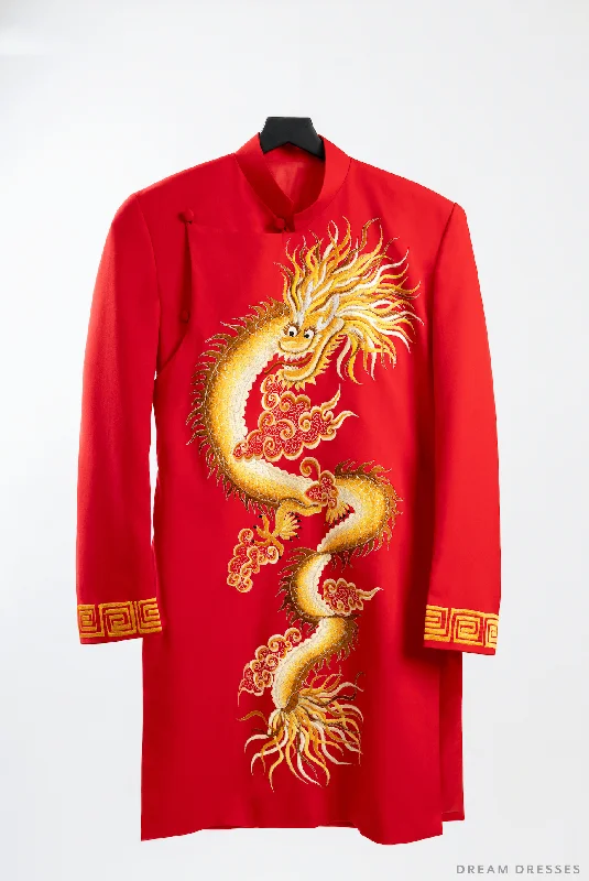 Red and Gold Groom Jacket with Dragon Embroidery| Vietnamese Groom Ao Dai  (#Long) Satin Fabric Silk Fabric Chiffon Fabric