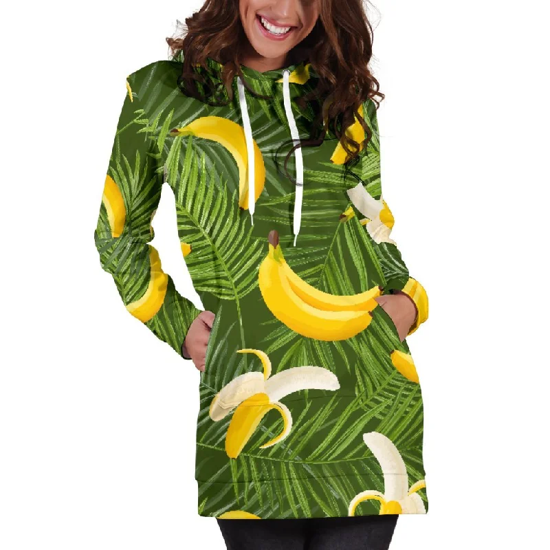 Green Tropical Banana Pattern Print Pullover Hoodie Dress