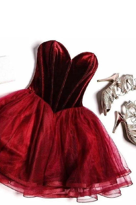 Sweetheart Velvet Burgundy Homecoming Gown with Tulle Skirt denim skirt trendy