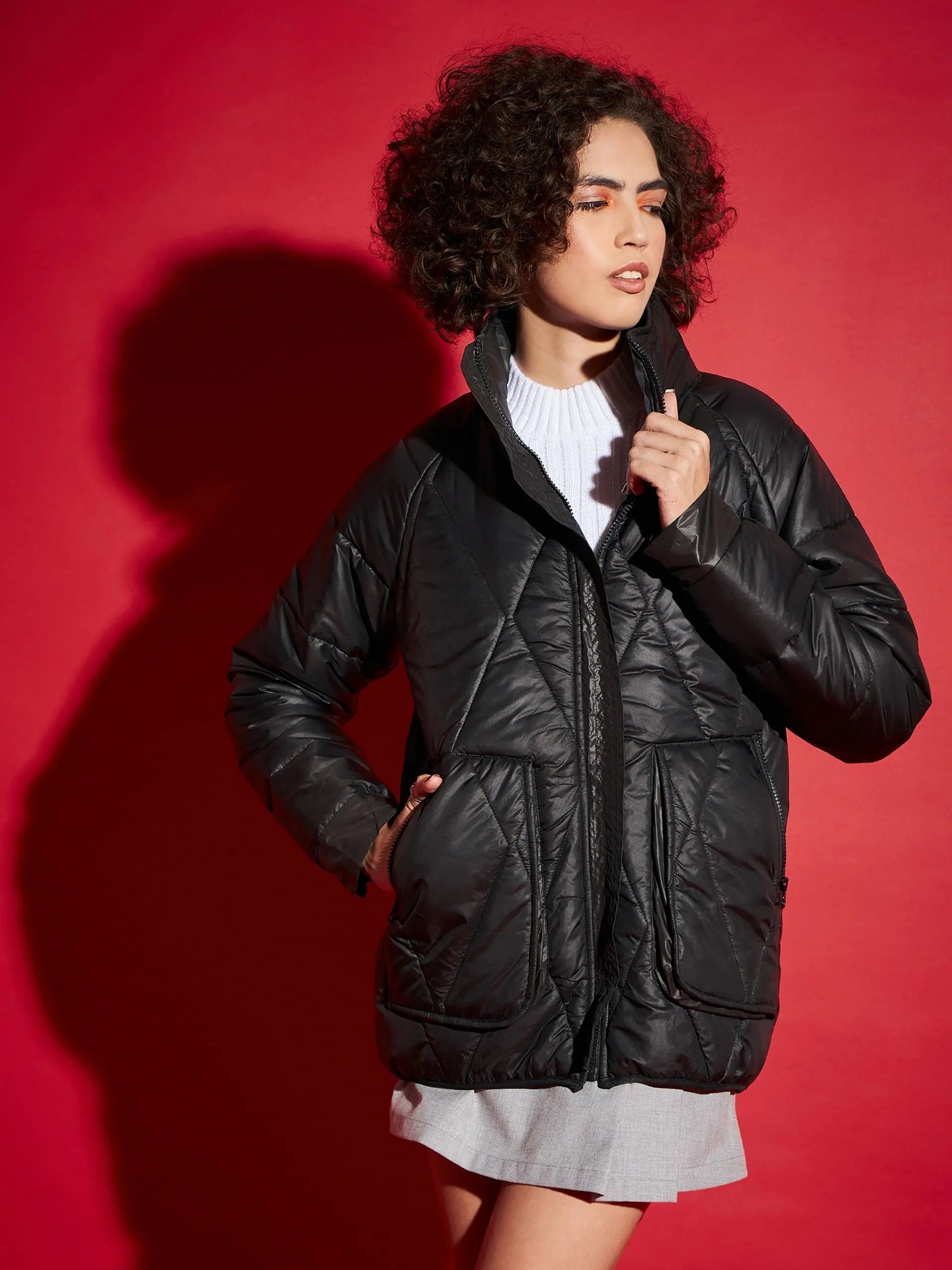 Women Solid Standard Black High Neck Full Sleeve Jacket Oversized Jacket Tailored Jacket Straight Jacket
