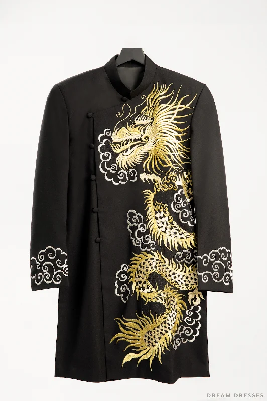 Black Groom Ao Dai Jacket with Dragon Embroidery | Vietnamese Ao Dai (#Shin) Appliqued Jacket Beaded Jacket Sequined Jacket