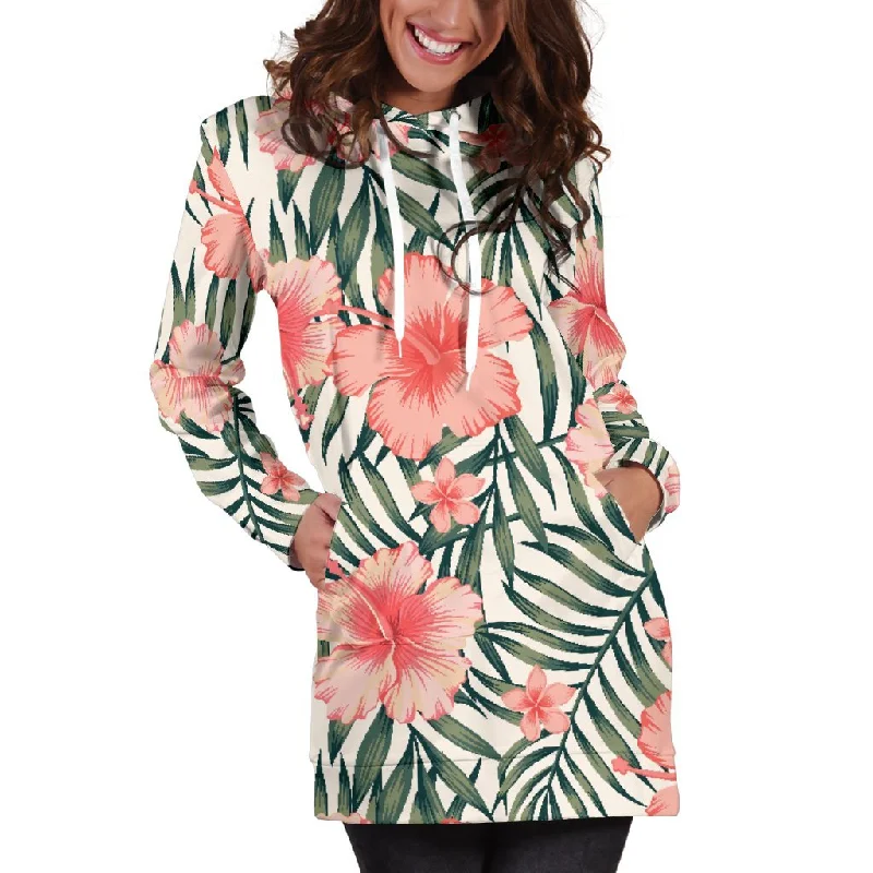 Exotic Tropical Hibiscus Pattern Print Pullover Hoodie Dress