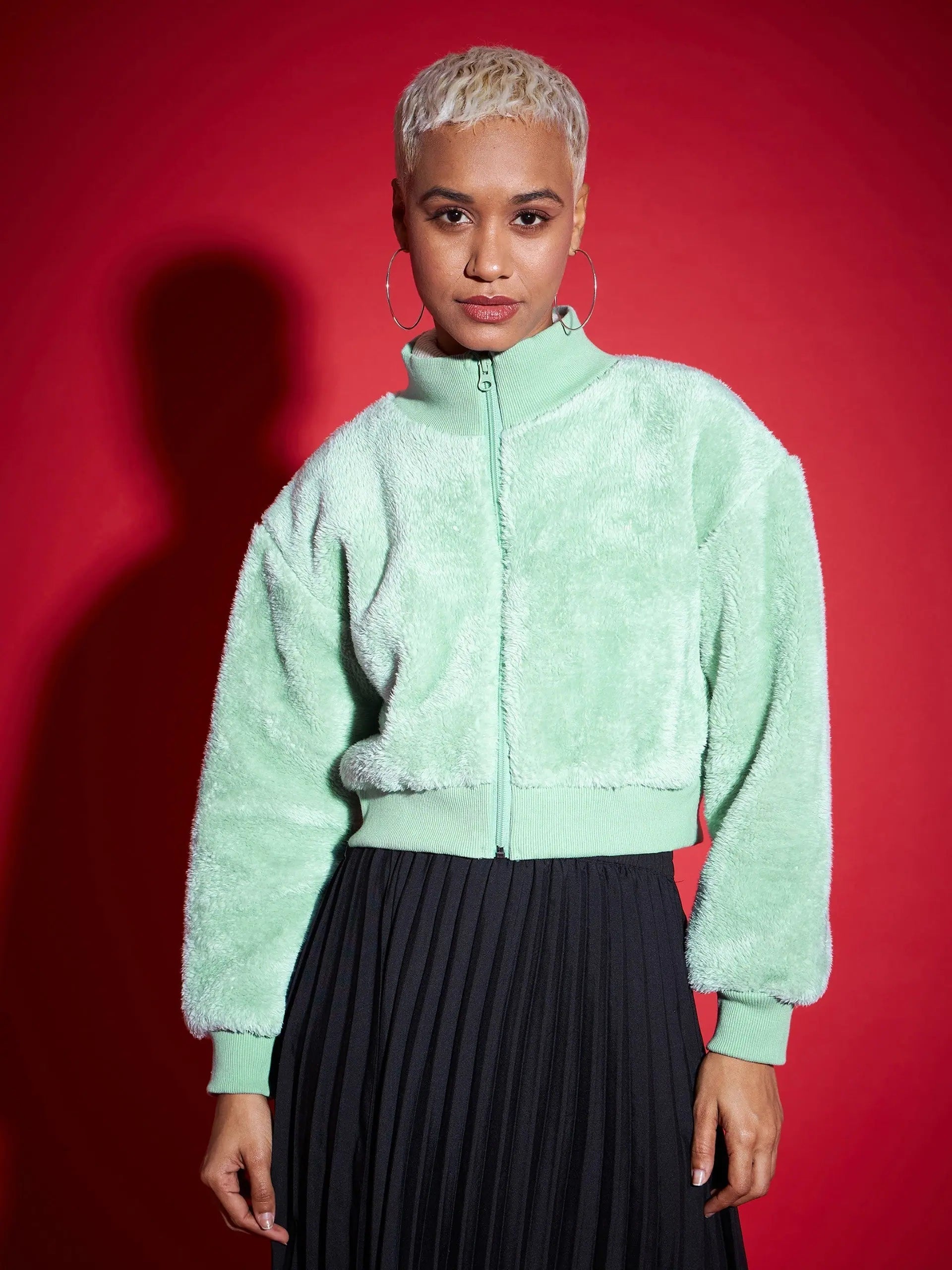 Women Solid Standard Green High Neck Full Sleeve Jacket Denim Jacket Leather Jacket Suede Jacket