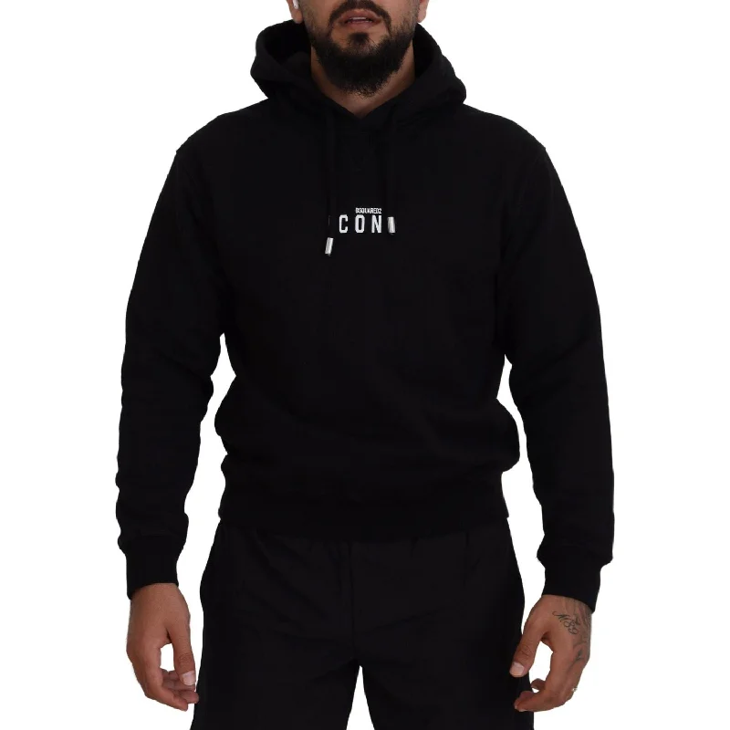 Dsquared² Black Cotton Hooded Printed Men Pullover Sweater Seamless Knit Pullover