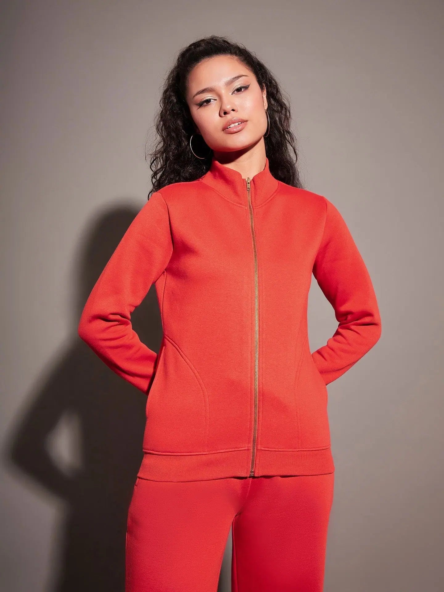 Women Solid Standard Red Full Sleeve Jacket Tiered Jacket Buttoned Jacket Zippered Jacket