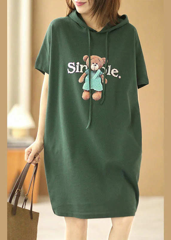 French Green Hooded Drawstring Print Cotton Pullover Sweatshirt Dress Short Sleeve Saggy Sleeve Comfort
