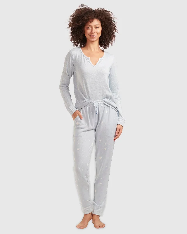 Starry Celestial Blue Split Neck Pullover PJ Set Long Sleeve Pullover