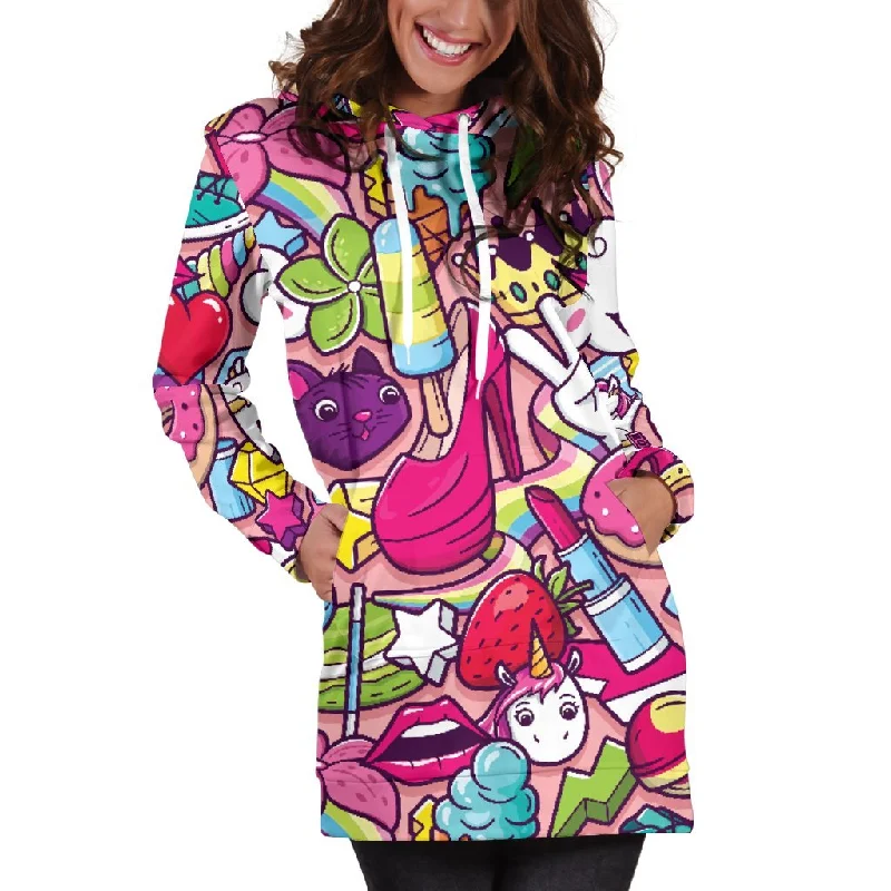 Girly Unicorn Cartoon Pattern Print Pullover Hoodie Dress