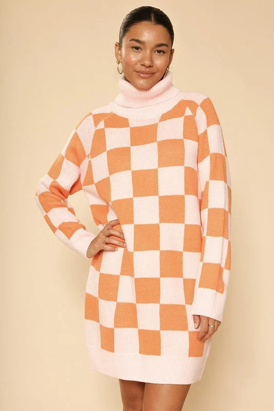 Checkered Turtleneck Sweater Dress Fleece Sweater Nylon Polyester