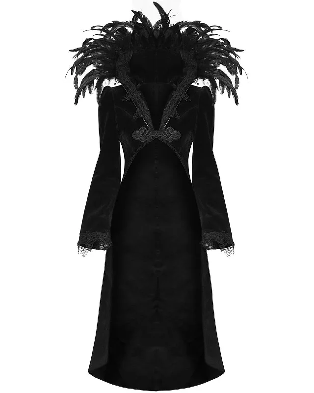 Eva Lady Long Gothic Cutaway Tailcoat Jacket With Feathered Collar Denim Jacket Leather Jacket Suede Jacket