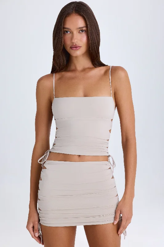 Ruched Cut-Out Mini Skirt in Taupe lace skirt intricate