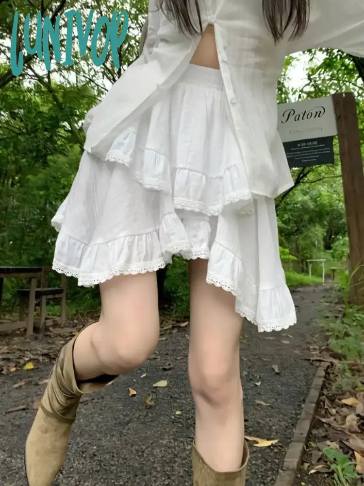 Lunivop Korean Kawaii Elegant Party Mini Skirt Women White Black Sweet Cake Skirt Female Irregular High Waist Casual Skirts Summer cashmere skirt soft