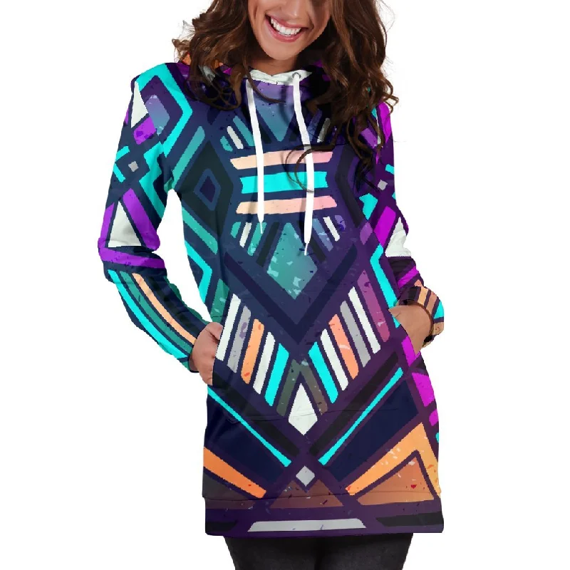 Ethnic Aztec Trippy Print Pullover Hoodie Dress
