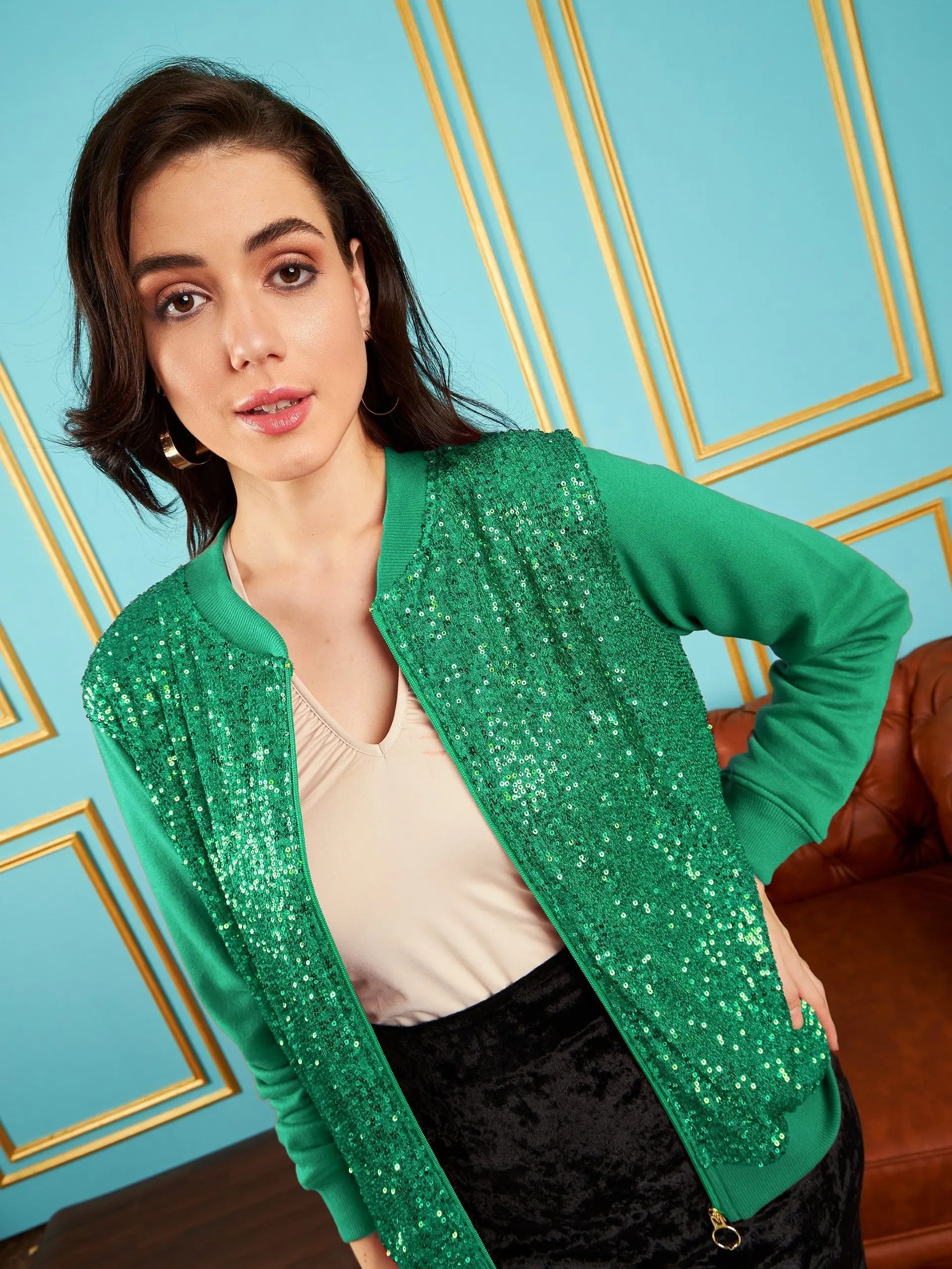 Women Embellished Standard Green Full Sleeve Jacket Satin Jacket Silk Jacket Chiffon Jacket