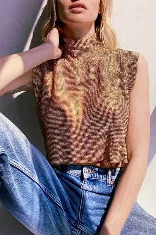 HIGH COLLAR RHINESTONES TANK TOP sage tank top