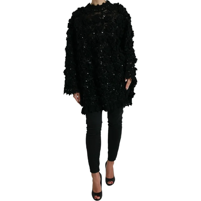 Dolce & Gabbana Sequin Embellished Black Pullover Ruffle Neck Pullover