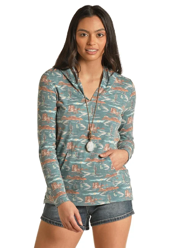 ROCK & ROLL DENIM LIGHTWEIGT HODDED PULLOVER Three Quarter Sleeve