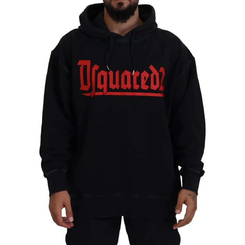 Dsquared² Black Cotton Hooded Printed Men Pullover Sweater Cashmere Luxurious Pullover