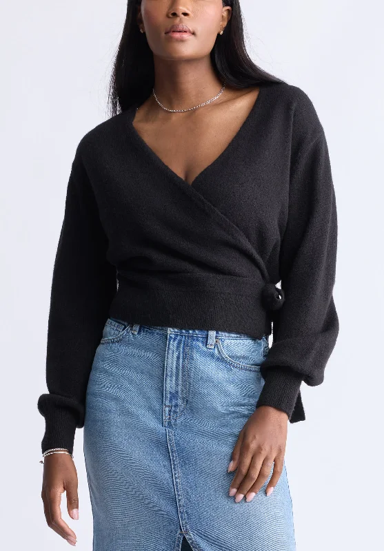 Jadis Women’s Long Sleeve Wrap Sweater, Black - SW0099H Elegant Classic Vintage