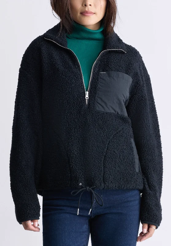Sena Women's Sherpa Jacket with Chest Pocket, Black - JK0036F Boat Neck Shawl Collar Notched Collar