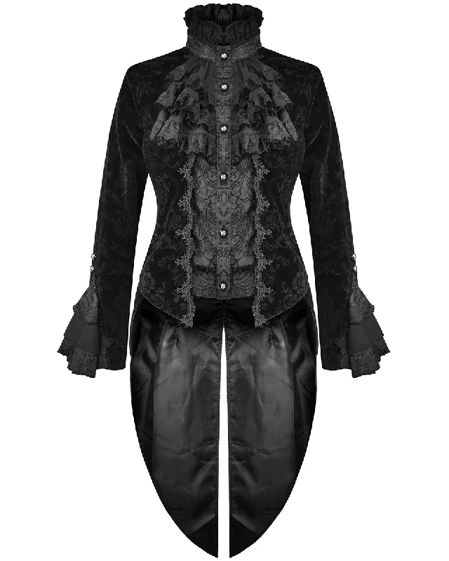 Devil Fashion Athanasius Womens Gothic Tailcoat Jacket - Black Damask Zip Front Button Front Snap Front