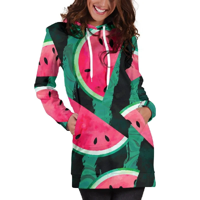Green Striped Watermelon Pattern Print Pullover Hoodie Dress