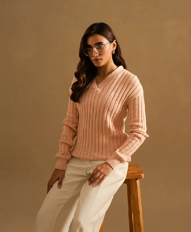 Pink V-Neck Sweater (Women) Cotton Fabric Linen Fabric Terry Fabric