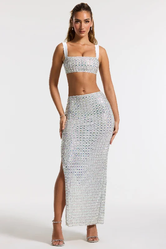 Embellished Mid Rise Gown Skirt in Silver silk skirt lustrous