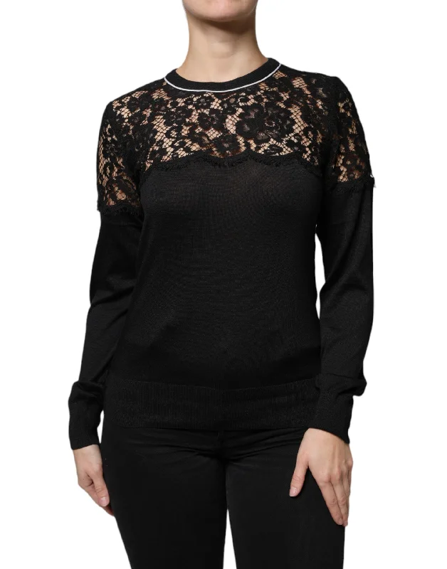 Dolce & Gabbana Black Floral Lace Silk Pullover Blouse Top Turtleneck Warm Pullover