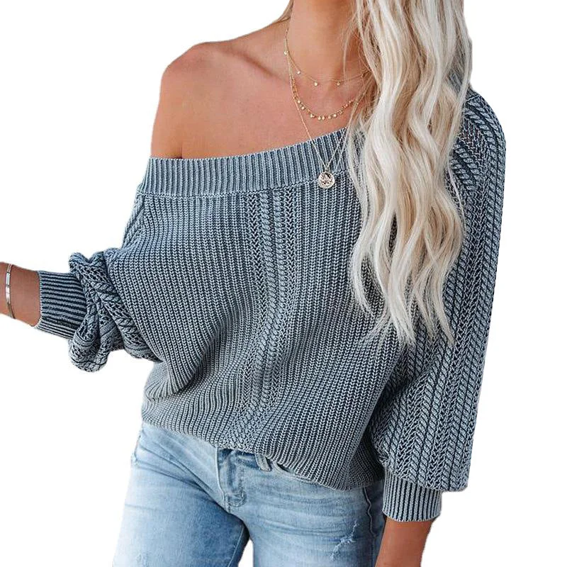 Solid Color Loose V-neck Lantern Sleeve Long Sleeve Sweater Solid Print Embellished