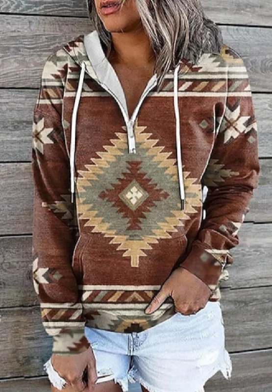 LADIES BROWN AZTEC HOODED PULLOVER Tapered Sleeve Pullover