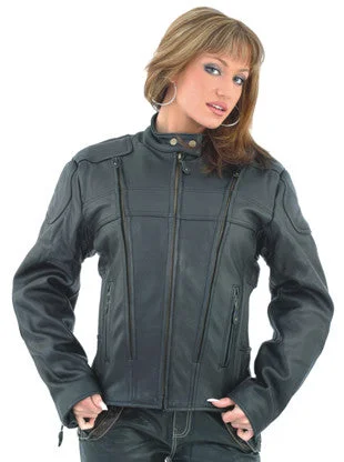 Ladies Cordura and Leather Racer Jacket with Front and Back Air Vents Gathered Sides One-Shoulder Jacket Off-the-Shoulder Jacket Asymmetrical Jacket