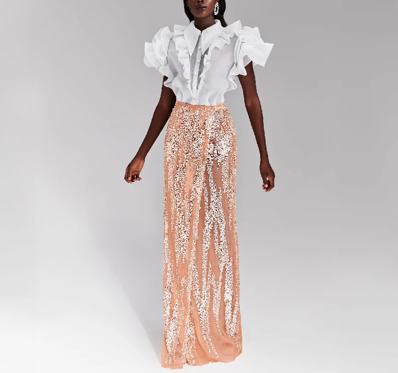 Fully Beaded Peach Skirt with Shimmery Embellishments pencil skirt chic